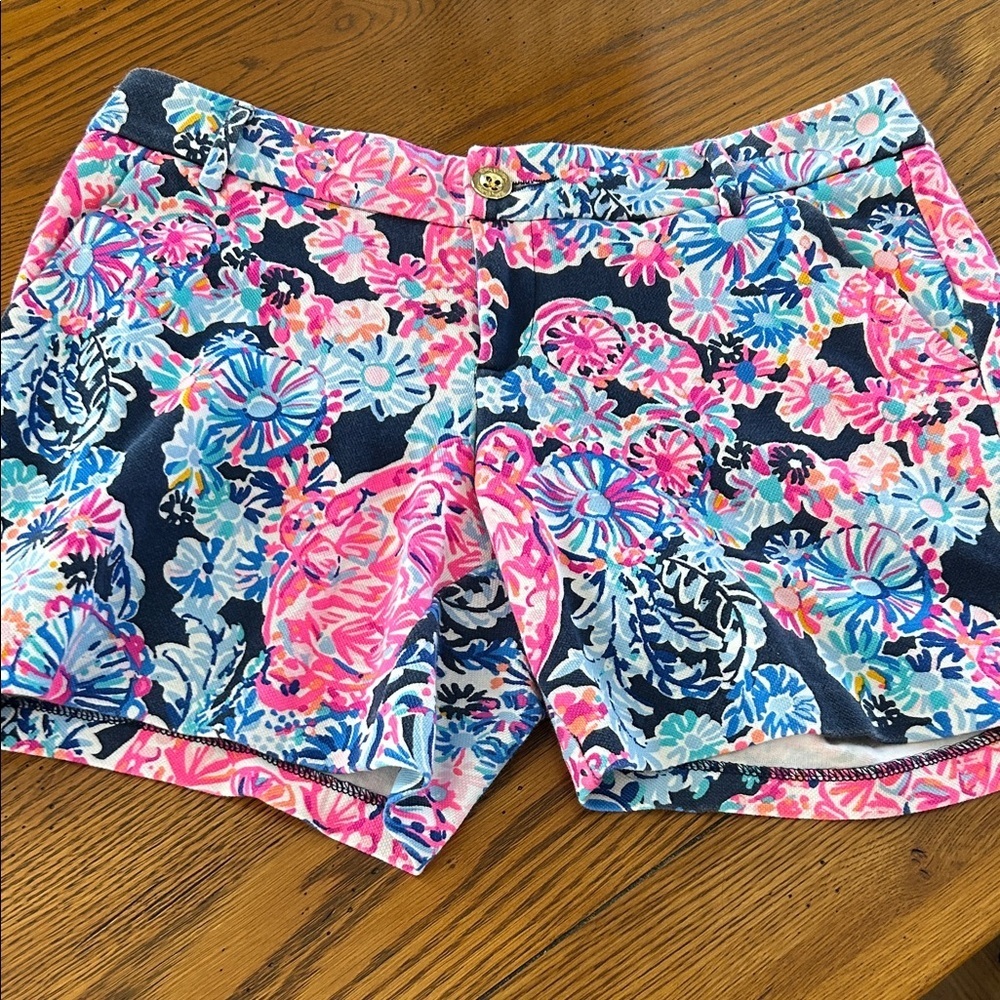 Lilly Pulitzer Navy Floral Jean Shorts with Pink & Blue Accents